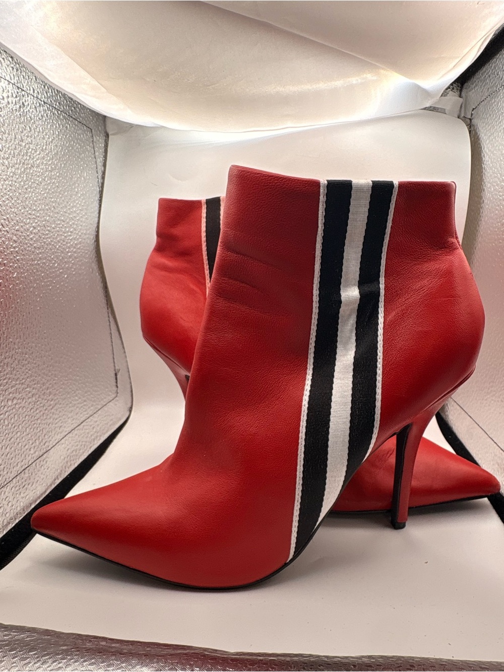 Steve Madden Red Pointed Ankle Booties with Black and White Sport Stripe